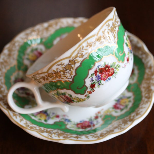 Green Sevres China Tea Cup and Saucer, Andrea by Sadek, Collection by Sevres, Ornate Design with Vivid Colors, Tea for One