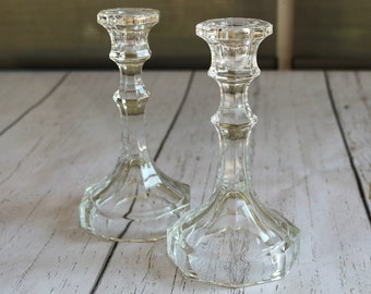 Candle Sticks Pair, Clear Glass with Octagonal Hollow Base, Simple yet Elegant, Goes with Everything, Home Decor, Table Setting, Romantic