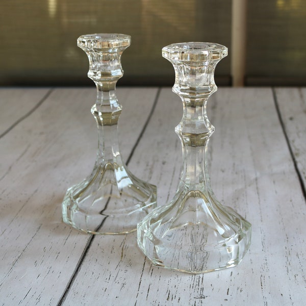 Candle Sticks Pair, Clear Glass with Octagonal Hollow Base, Simple yet Elegant, Goes with Everything, Home Decor, Table Setting, Romantic