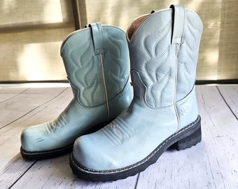 Fluevog Cowboy Short Boots, Size 8B, Baby Blue with Flame Stitching