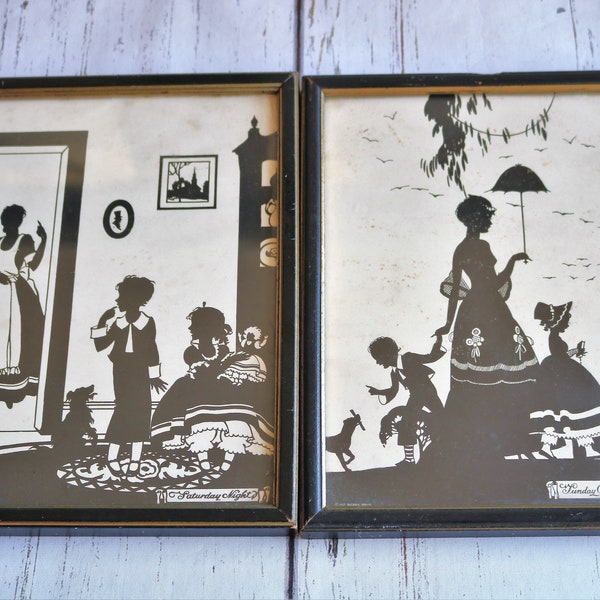 Silhouette Art (2) Framed Pictures, Buckbee Brehm Shadow Art, Reverse Silhouette, Saturday Bath Day, Sunday Go To Church, CHIP on 1 FRAME