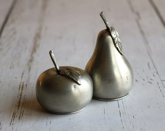 Apple and Pear Salt and Pepper Shakers, Kirk Stieff Pewter 500, Silver Fruit Shakers Set with Patina, Vintage S and P, MINOR FLAWS