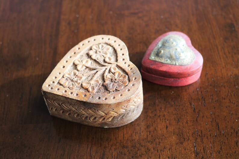 2 Wooden Heart Shaped Trinket Boxes Heart Box Jewelry Box Treasure Box Mango Wood