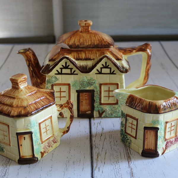 Cottage Ware Tea Set, Keele St Pottery England, Tea Pot with CHIP on LID, Covered Sugar and Cream Pitcher, Looks like Cute Stone Cottages