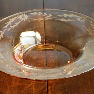 Gold Color Depression Glass Console Bowl with Etched Flowers, Large Serving or Centerpiece Bowl, Fruit or Flower Display, Yellow Gold Color