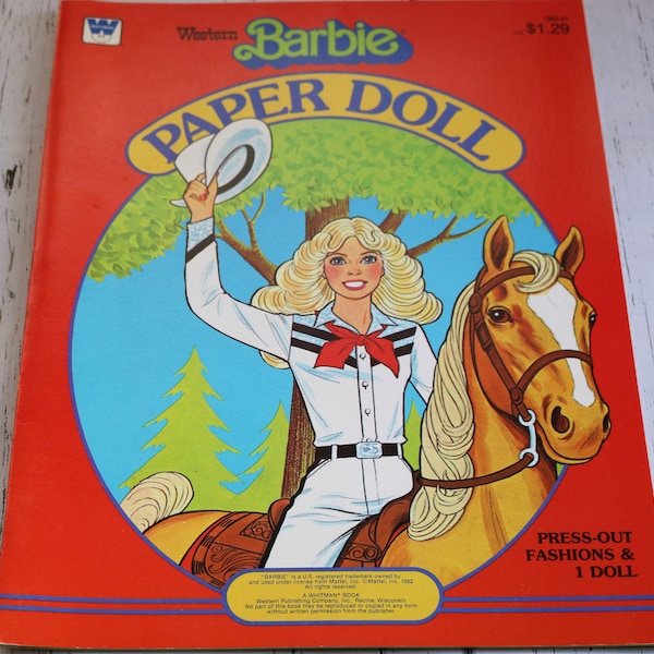 Western Barbie Paper Dolls Book, NOS from 1980s, Full Color Fashions, Barbie and her Horse, Great Condition Unused