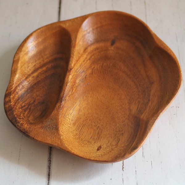 Monkey Pod 2-Section Shallow Dish or Tray for Keys Coins Trinkets, Use as Spoon Rest, Wood Forms Philippines, Vintage Island Tiki Vibe