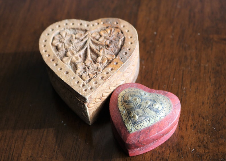 2 Wooden Heart Shaped Trinket Boxes Heart Box Jewelry Box Treasure Box Mango Wood