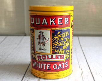 Quaker Oats Tin from 1984, Yellow Cylindrical Tin with Recipes Printed, Quaker Rolled White Oats, Use for Storage or Decor, Some WEAR & TEAR