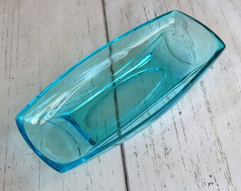 Blue Glass Hazel Atlas Celery Bowl, Capri Ware from 1960s, Rectangular Dish for Serving or Coins or Keys or Trinkets, Gift for Retro Hostess