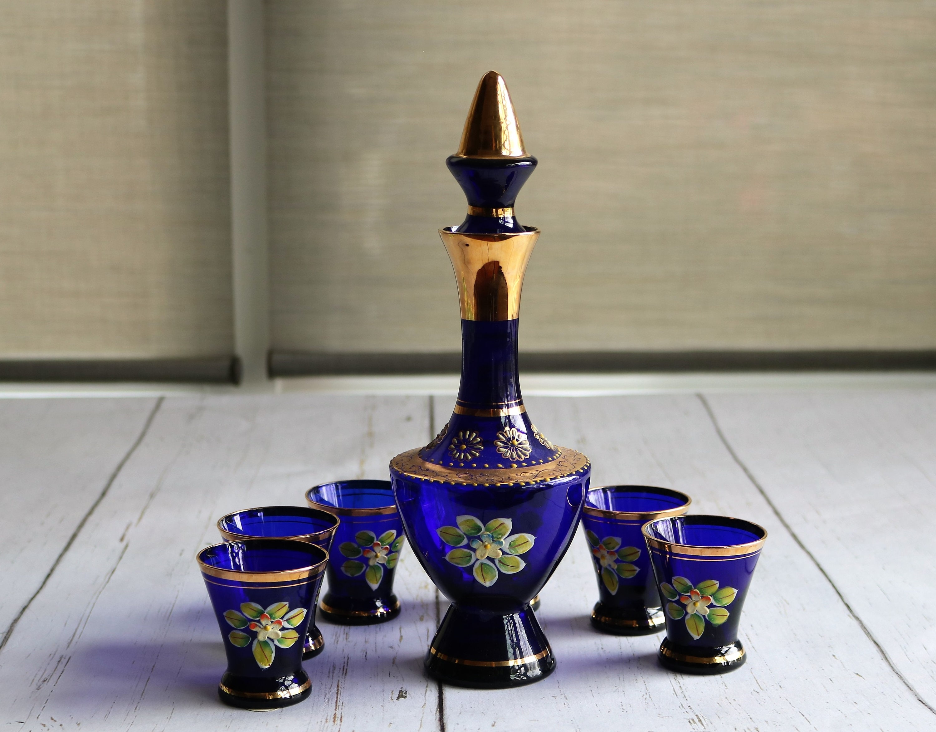 Cobalt Blue Decanter Set Bohemian Glass Style Hand Painted Etsy