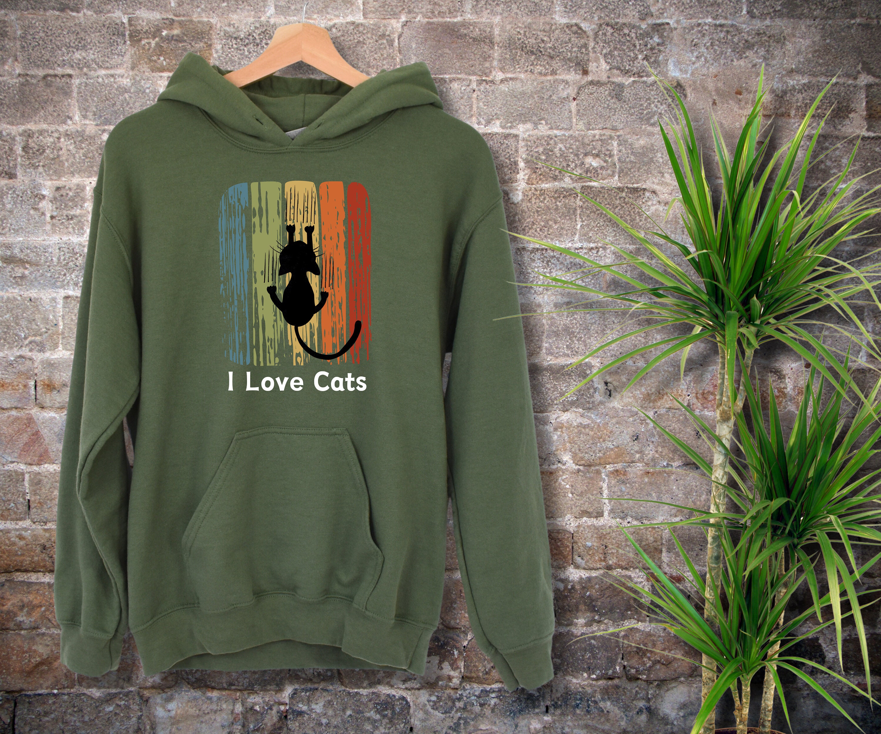 I Love Cats Hoodie Cat Lovers Unisex Hooded Sweatshirt Playful Kitten Scratching Rainbow Wood Panel Gift Mom Dad Student Cats Rule