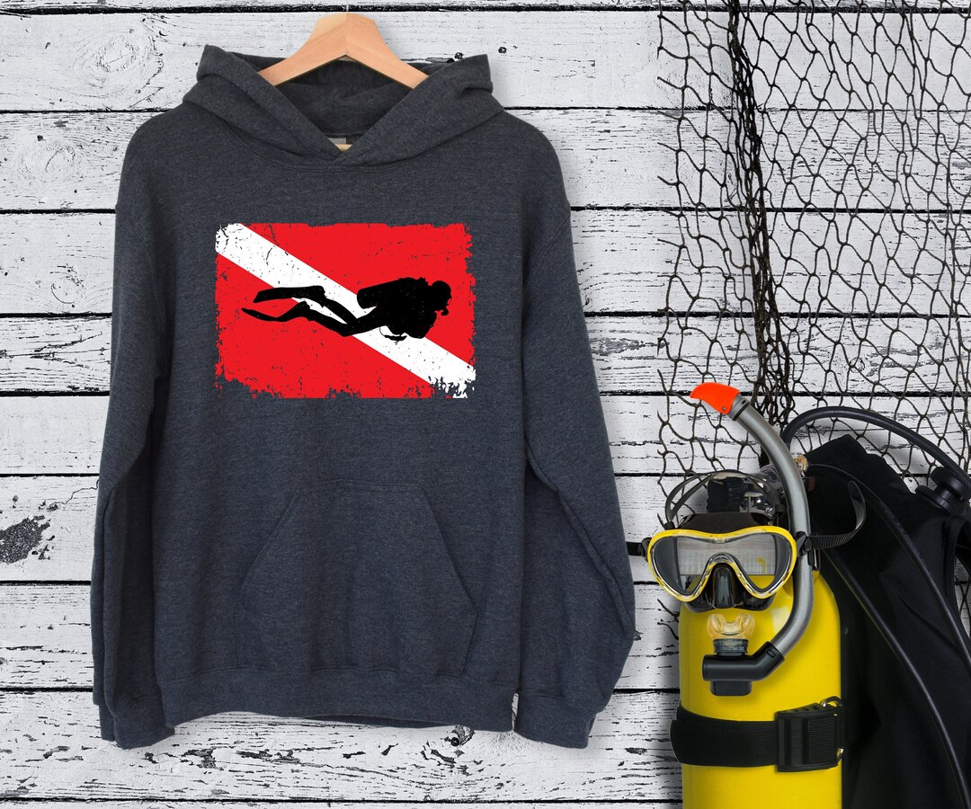 Vintage Diver Dive Flag Hooded Sweatshirt Distressed Style Diver Down