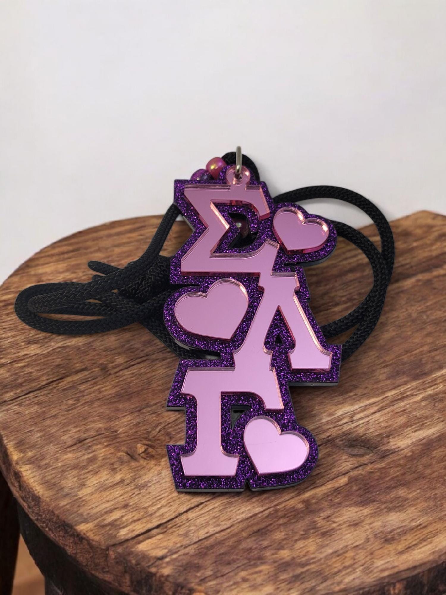 Sigma Lamba Gamma Mirror Tiki, SLG Pink Mirror Necklace, Sorority Glitter Heart Tee Kee - 1094-AC9C3A-051525