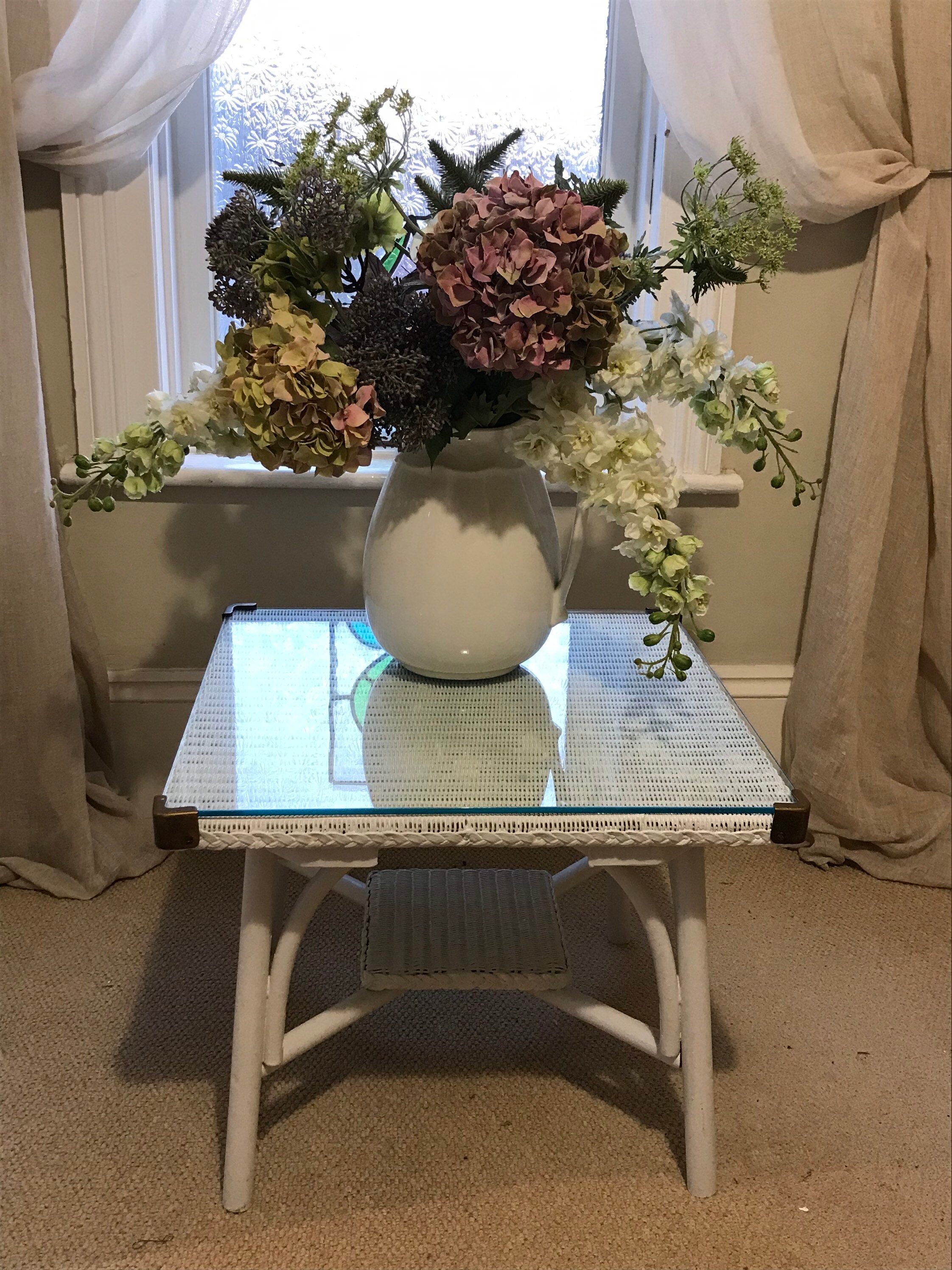 Vintage Lloyd loom low coffee table painted in white paint. Etsy