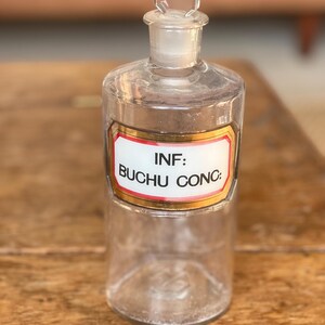 May include: A clear glass bottle with a glass stopper. The bottle has a label that reads "INF: BUCHU CONC:"