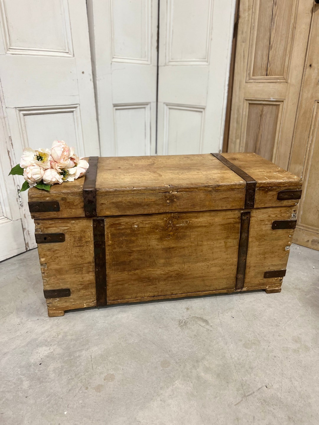 Antique Pine Trunk Coffee Table Storage With Metal Straps Etsy UK