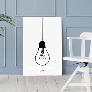 Printable minimalist lamp art for tumblr room decor, Scandinavian light bulb print, Modern wall art decor, Mid century black and white art image 2