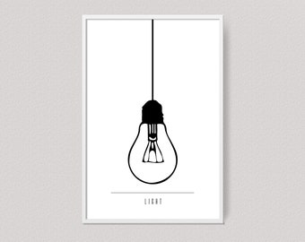 Printable minimalist lamp art for tumblr room decor, Scandinavian light bulb print, Modern wall art decor, Mid century black and white art