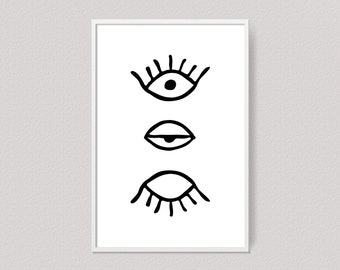 Eye Poster, Scandinavian Minimalist Printable Art Of Open And Sleepy Eyes For Living Room Decor