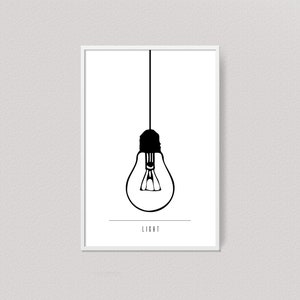 Printable minimalist lamp art for tumblr room decor, Scandinavian light bulb print, Modern wall art decor, Mid century black and white art image 1