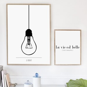 Printable minimalist lamp art for tumblr room decor, Scandinavian light bulb print, Modern wall art decor, Mid century black and white art image 3