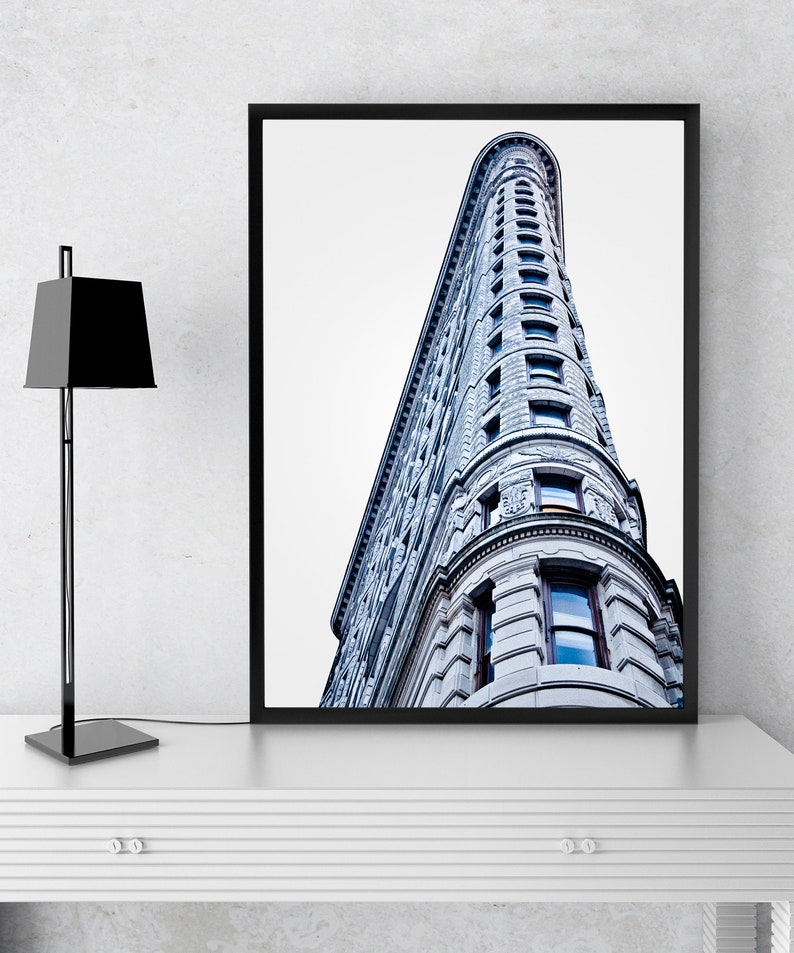 New York city photography of Flatiron Building architecture, Instant download photo of Manhattan, Blue wall art decor, Livingroom wall art image 6