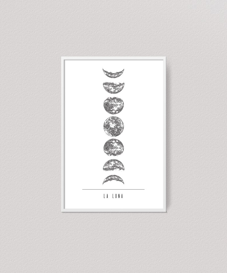 Phases Of The Moon Wall Art For Tumblr Room Decor, Lunar Phases, Half Moon Printable Wall Hanging, Affiche Scandinave Wall Art Over Bed image 1
