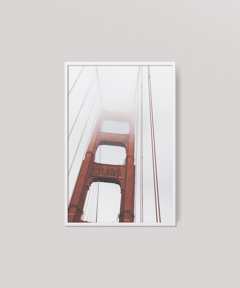 Golden Gate Bridge in San Francisco wall art print, Red white geometric architecture photo, Minimalist, California, Travel photography image 1