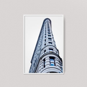 New York city photography of Flatiron Building architecture, Instant download photo of Manhattan, Blue wall art decor, Livingroom wall art image 1