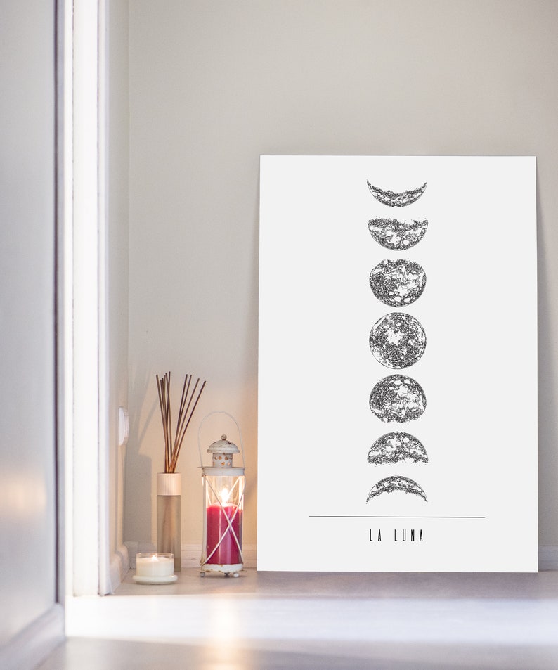 Phases Of The Moon Wall Art For Tumblr Room Decor, Lunar Phases, Half Moon Printable Wall Hanging, Affiche Scandinave Wall Art Over Bed image 4