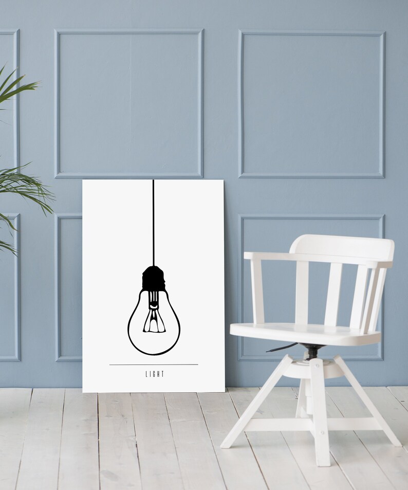 Printable minimalist lamp art for tumblr room decor, Scandinavian light bulb print, Modern wall art decor, Mid century black and white art image 2