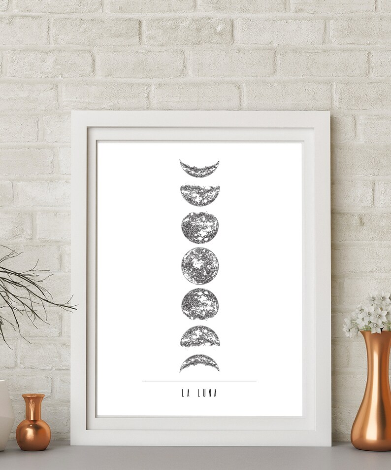 Phases Of The Moon Wall Art For Tumblr Room Decor, Lunar Phases, Half Moon Printable Wall Hanging, Affiche Scandinave Wall Art Over Bed image 6