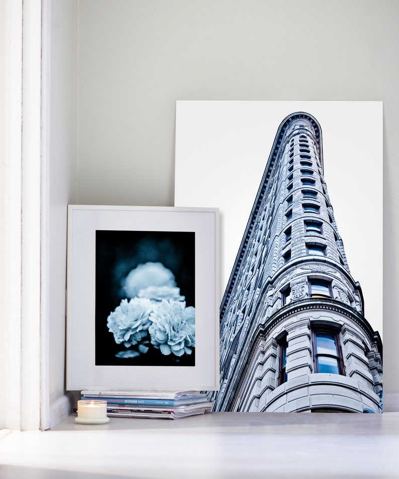 New York city photography of Flatiron Building architecture, Instant download photo of Manhattan, Blue wall art decor, Livingroom wall art image 3