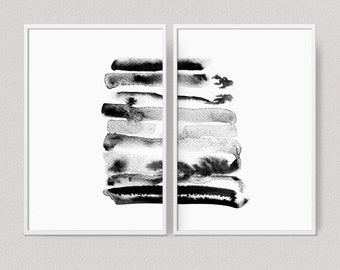 Set of 2 abstract watercolour prints, Black and white art, Modern posters, Minimalist digital strokes wall art prints, 2 posters watercolor