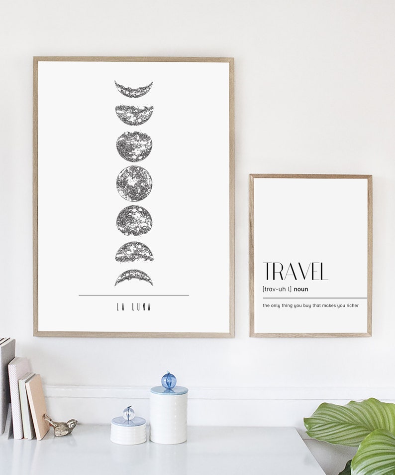 Phases Of The Moon Wall Art For Tumblr Room Decor, Lunar Phases, Half Moon Printable Wall Hanging, Affiche Scandinave Wall Art Over Bed image 2
