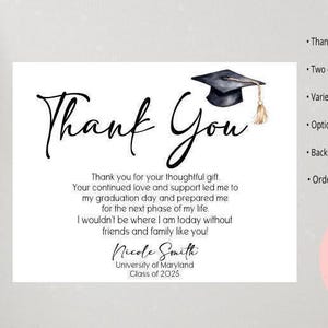 May include: A white graduation thank you card with black script text that reads "Thank You." A graduation cap illustration is above the text. The card includes a personalized message and the name Nicole Smith.