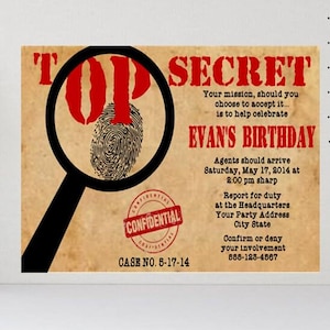 Top Secret Mystery Spy Detective Escape Room Birthday Party Invitation Invites Personalized Custom ~ We Print and Mail to You