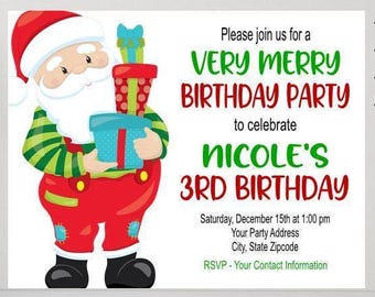 Invitación a una fiesta de cumpleaños muy feliz - Invitaciones para fiestas navideñas de cumpleaños con Papá Noel - Invitaciones para fiestas navideñas y de cumpleaños