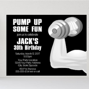 CrossFit, Workout. Muscle Man, Body Builder, WOD, Fitness, Gym, Barbell Weights Invitation -Birthday Party Invitations Personalized