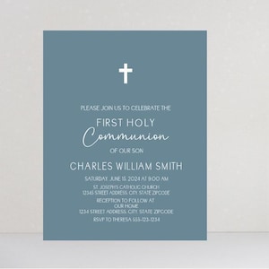 May include: A blue invitation card with a white cross and text. The invitation is for a First Holy Communion, with the son's name, date, time, and location. The card also includes RSVP information.