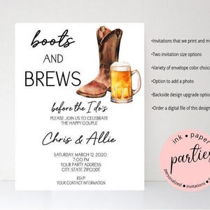 Boots & Brew Invitation - Couples Shower - Bridal, Wedding Shower - Beer, Cowboy - Personalized Cowboy Boots Wedding Party Invitations