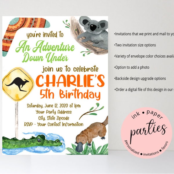 Australian Outback Safari Koala Kangaroo Birthday Party Invitations Invites Personalized Custom ~ We Print and Mail