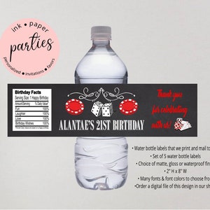 Poker Cards Chips Casino Birthday Party Favors Favor Water Bottle Labels Wrappers Personalized - We Print and Mail to you!