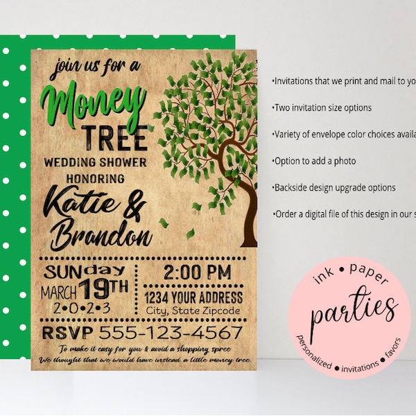 Money Tree Wishing Well Bridal Couples Wedding Shower Engagement Dinner Party Party Invitations Invites Personalized Custom