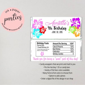 Luau Flowers Hibiscus Birthday Party Candy Wrappers Favors Personalized Custom Design We Print and Mail to You image 1