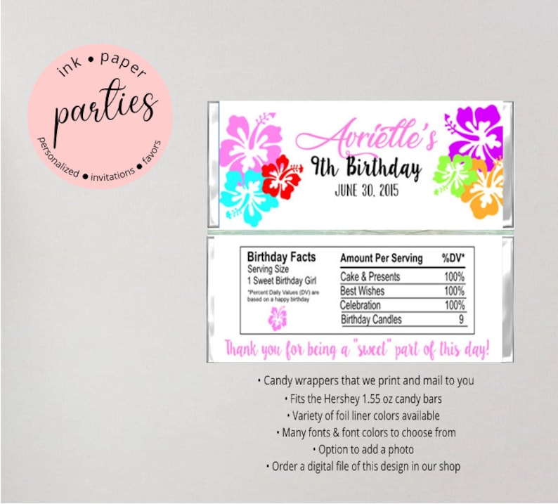 Luau Flowers Hibiscus Birthday Party Candy Wrappers Favors Personalized Custom Design We Print and Mail to You image 1