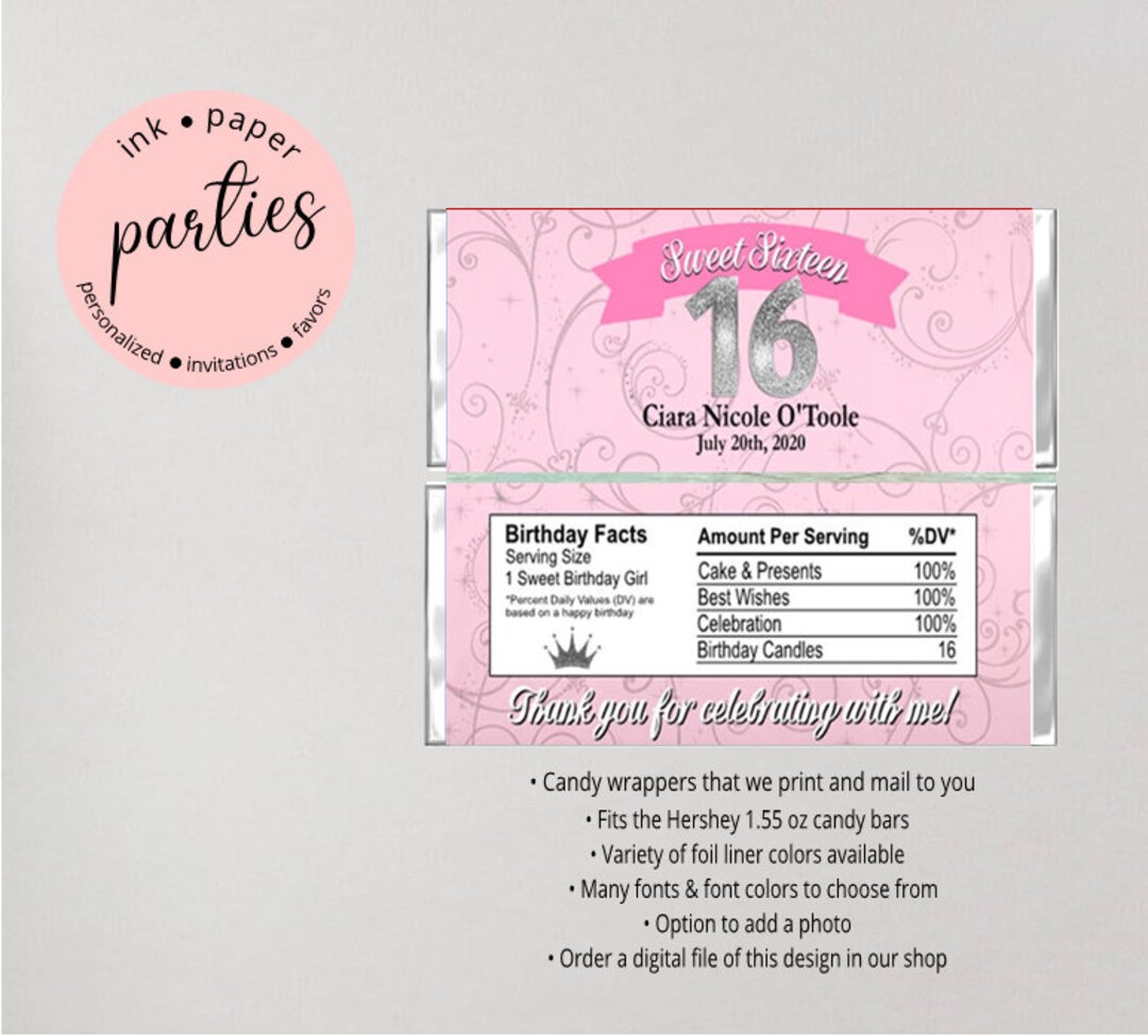 Sweet 16 Sixteen Birthday Party Candy Wrappers Favors Personalized ...
