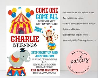 Faire-part d'anniversaire cirque - Faire-parts d'anniversaire de carnaval - Faire-parts de fête sous chapiteau de cirque - Faire-parts de fête de carnaval de cirque personnalisés