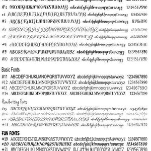 a collection of various font styles and sizes, including both uppercase and lowercase letters, as well as numbers and punctuation marks. The fonts are presented in a grid format, with rows and columns, and the image is described in terms of its content, such as "Basic Fonts", "Handwriting Fonts", and "Funnies". The image does not contain any text that can be transcribed, and the descriptions provided are concise and focused on the visual content of the fonts.